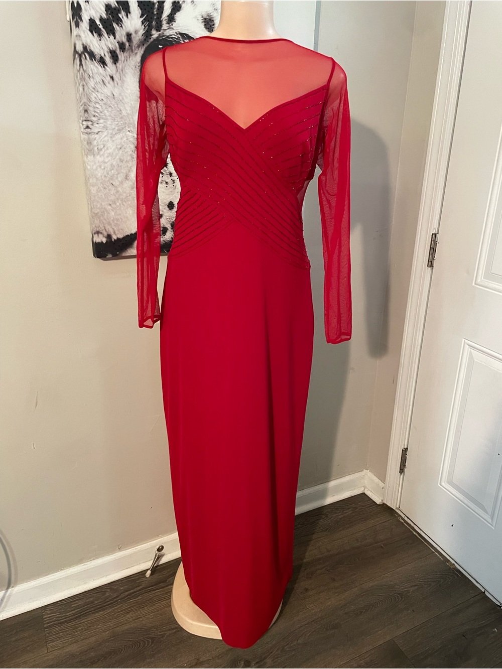 Vintage JSBoutique evening Gown Red glitter pleated bodice sheer mesh neck 14